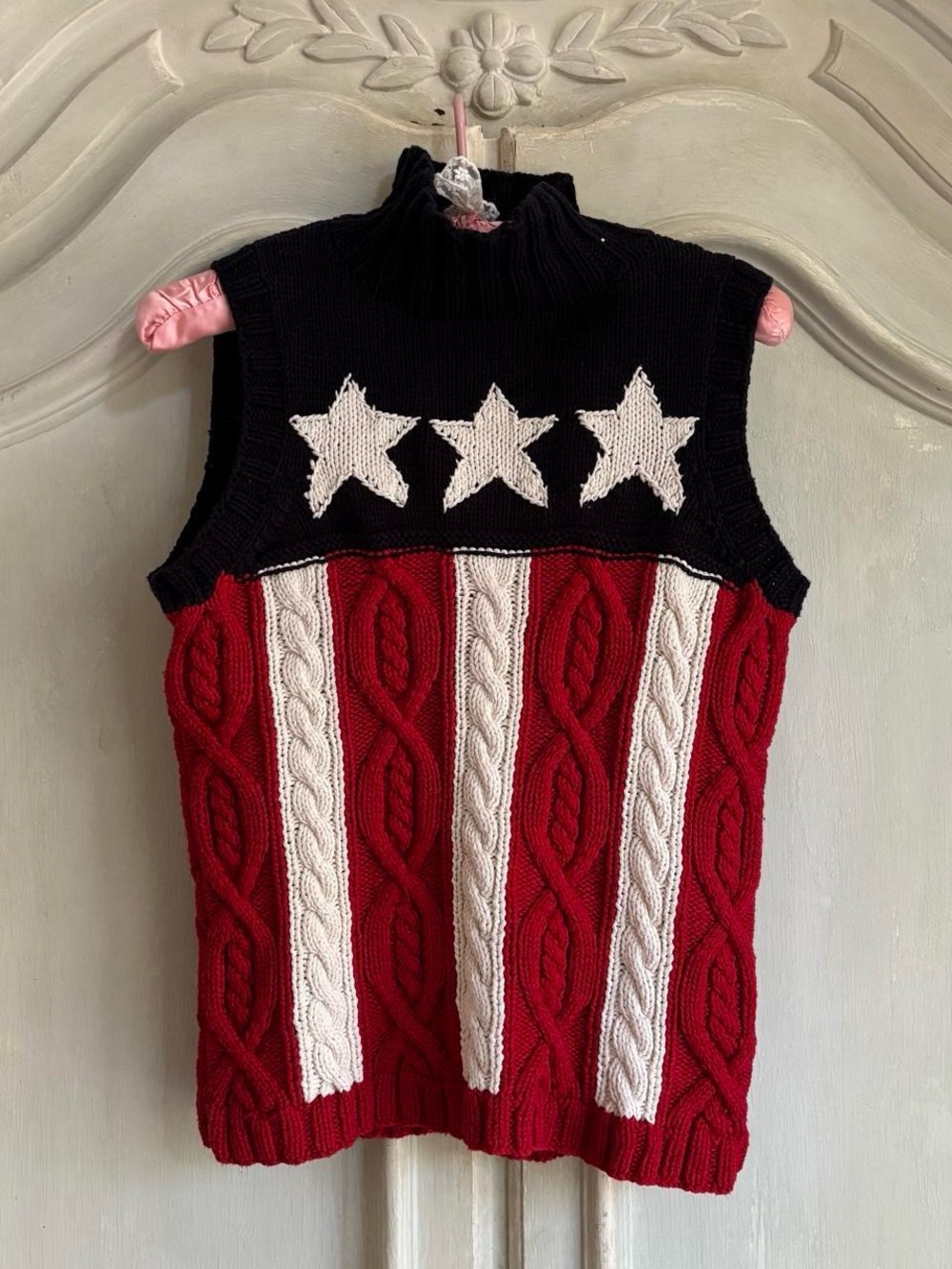 Tommy Hilfiger Red, White & Black Cable-Knit Sleeveless Turtleneck Sweater